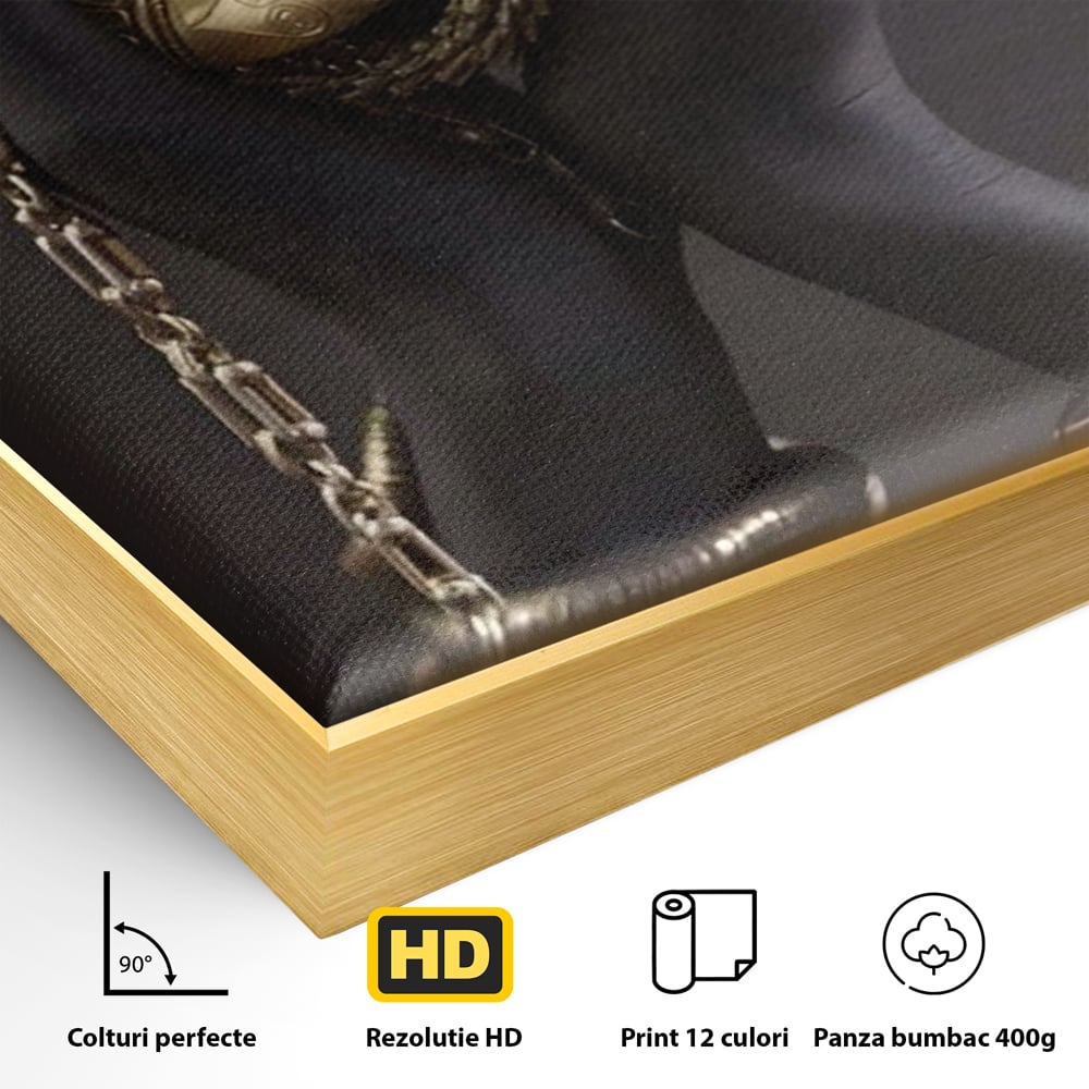 Detaliu al suprafetei: tablou canvas cu maini negre si bijuterii aurii, in rama de aluminiu auriu